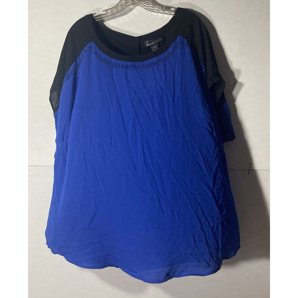 LANE BRYANT blue black embellish scoop neck dolman sleeve button back top 22/24